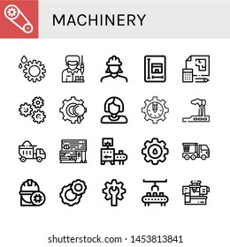 Set of machinery icons such as Gear, Worker, Engineer, Blueprint, Gears, Industry, Dumper, Rubber land, Conveyor, Cogwheel, Crane truck, Robot arm, Machinery , machinery