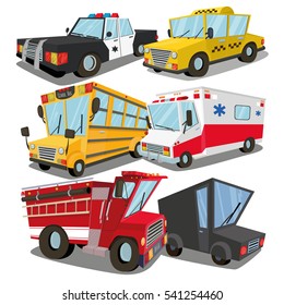 A set of machines. ambulance, fire car, truck, taxi, school bus, police car