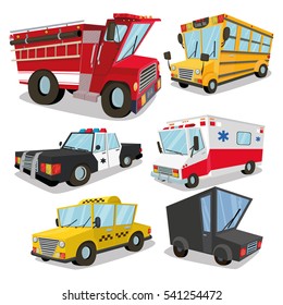 A set of machines. ambulance, fire car, truck, taxi, school bus, police car