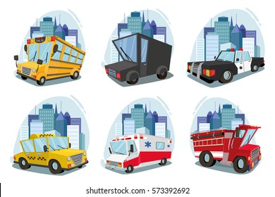 A set of machines. ambulance, fire car, truck, taxi, school bus, police car. cityscape. against the backdrop of the city