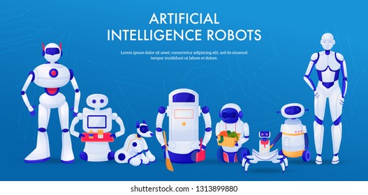 Set of machines artificial intelligence robots pets and household assistants horizontal banner on blue background vector illustration