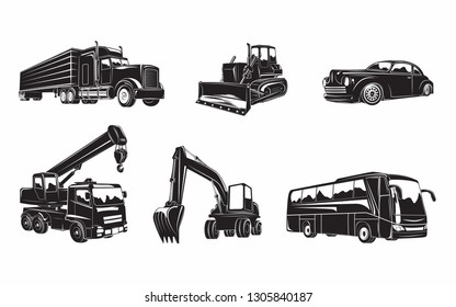 Set of  machines. building Excavator and bulldozer, heavy truck and auto crane, excursion bus and hot rod. monochrome  icons of machines isolated on white background, vector