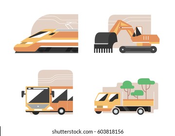 Set of machines. High speed train, excavator, public bus, gardening pickup. Flat style vector icons, municipal technics signs