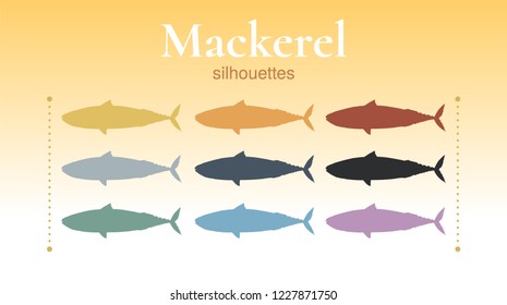 Set of mackerel silhouettes. Unique hand-drawn silhouettes of mackerel. Yellow, grey, blue, green, pink, orange, red, black. Vector. Isolated on background.