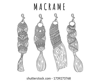 Set of macrame boho style keychains. Collection of textile knotting design charms. Linear modern indigenous macrame vector stock elements