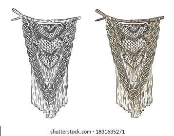 Set of macrame boho style labels. Textile knotting design elements. Simple mono linear indigenous wall hangers