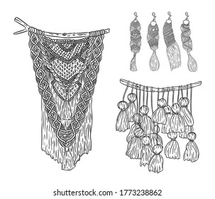 Set of macrame boho style wall hangers and keychains doodle sketches. Collection of textile knotting design elements. Simple modern indigenous craft