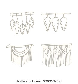 Set macrame boho wall hanging vector illustration isolate on white background. boho doodle. Home element. Cozy house. Handmade knitted wall decoration. Crochet. Rope
