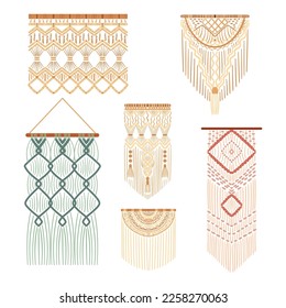 Set of Macrame Decorative Knotting Technique, Intricate Textured Patterns In Rope Or Twine Made of Natural Fibers. Wall Hangings, Decorative Items, Knotting Cords Design. Cartoon Vector Illustration