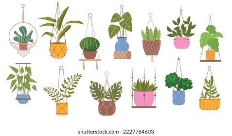 Set von Makrelenhaltern für Pflanzen. Blumen in Töpfen, die mit Fäden und Weben verziert sind. Floristik und Botanik. Handgefertigter und urbaner Garten. Cartoon-FlachVektorgrafik, einzeln auf weißem Hintergrund