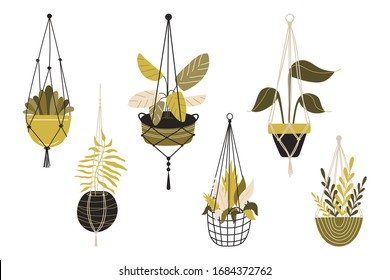Set of macrame hanging plants in pots. Hangers with potted indoor garden flowers. Handmade home decorations made of cotton rope or cord.Hand drawn cartoon. Vector illustration