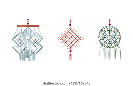 Set of Macrame Wall Hangings, Boho Style Decor Element Cartoon Vector Illustration