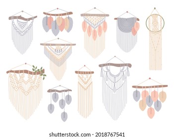 Colgaduras de paredes de macrame. La decoración de las paredes del cordón estilo Boho. Decoración de punto hecha a mano, artesanía diy. Ilustración vectorial dibujada a mano en estilo plano. Fondo aislado