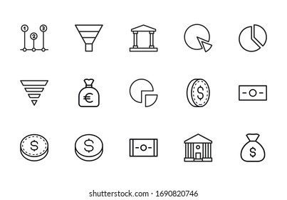 Conjunto de iconos de línea vectorial relacionados con la macroeconomía. Paquete de símbolos lineales Premium. Ilustración vectorial aislada en un fondo blanco. Símbolos web para sitios web y aplicaciones móviles. Diseño moderno. 