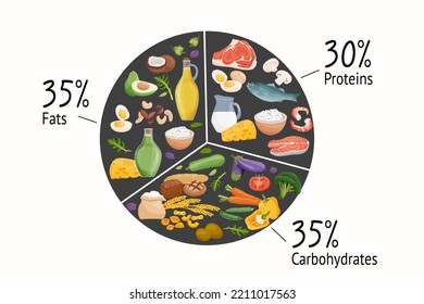 Set of macronutrients. Carbohydrates, proteins, fats presented by food products. Vector illustration of nutrition categories. Balanced nutrition. Healthy food.