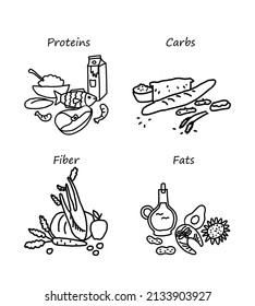 A set of macronutrients. Proteins, fats, carbohydrates and fiber in the form of food. Food categories in doodle style. 