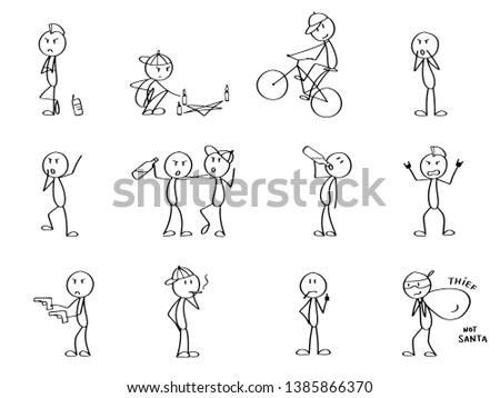 Set of mad crazy stick men, smoking, drinking and being reckless. Bikers and punks, rule breakers. Funny cute characters for a presentation, website or info graphics design. 
