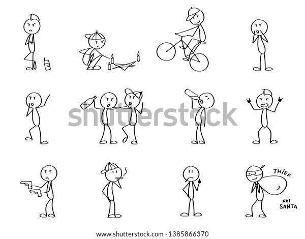 Set of
mad crazy stick men, smoking, drinking and being reckless. Bikers
and punks, rule breakers. Funny cute characters for a presentation,
website or info graphics design.

