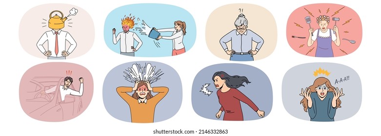 Set of mad diverse people scream and shout feel distressed and angry. Collection of furious humans yell annoyed by life situation unable to control emotions. Vector illustration. 