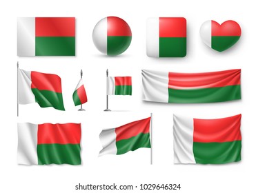 Ponga banderas, banderas, carteles, símbolos de Madagascar, un icono realista. Ilustración vectorial de la colección de símbolos nacionales en diversos objetos y signos de estado