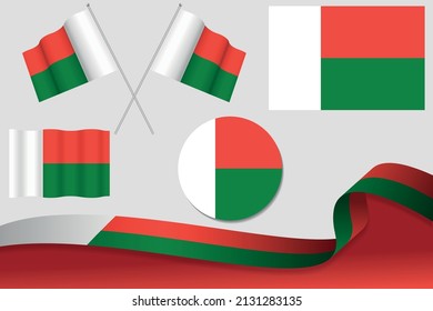Set Of Madagascar Flags In Different Designs, Icon, Flaying Flags With ribbon With Background. Free Vector