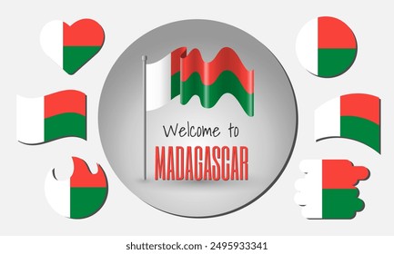 Madagaskar-Flaggenset und schwenkende Madagaskar-Flagge in Vektorgrafik mit der Inschrift Willkommen in Madagaskar!
