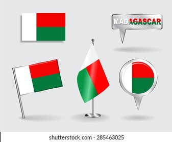 Set of Madagascar pin, icon and map pointer flags. Vector illustration.