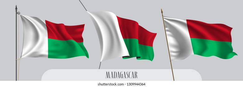 Set of Madagascar waving flag on isolated background vector illustration. 3 red green Malagasy wavy realistic flag as a patriotic symbol 