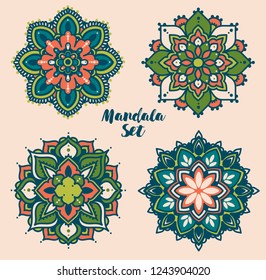 Conjunto de adornos redondos de madala, se puede utilizar como decoraciones para bodas o fiestas indias, ilustraciones vectoriales