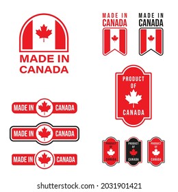 Set of Made in Canada Label, Stamp, or Logo. With The National Flag of Canada and Maple Leaf