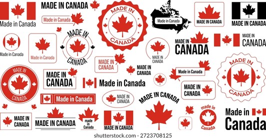 Set of Made in Canada labels featuring national colors and symbols in modern flat style with various designs