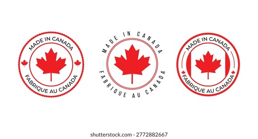 Set of made in canada labels with maple leaf icon