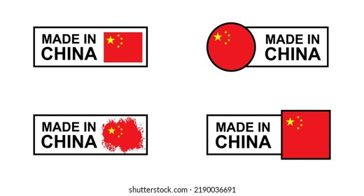 Set Of Made In The China Labels, Made In The China Logo, Chinese Flag , Chinese Product Emblem For Page, Mockup Brochure Style, Banner, Idea, Cover, Booklet, Print, Flyer, Book Etc