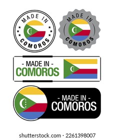 Set of Made in Comoros labels, logo, Comoros Flag, Comoros Product Emblem