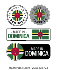 Set of Made in Dominica labels, logo, Dominica Flag, Dominica Product Emblem