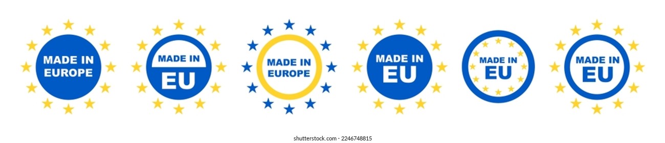 Set of made in EU mark with stars. Manufactured in Europe. European standard. Quality sign. Vector icons.