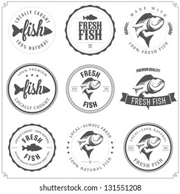 Set of made with fish stamps, labels and badges