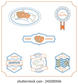 Set of made with fish stamps, labels and badges