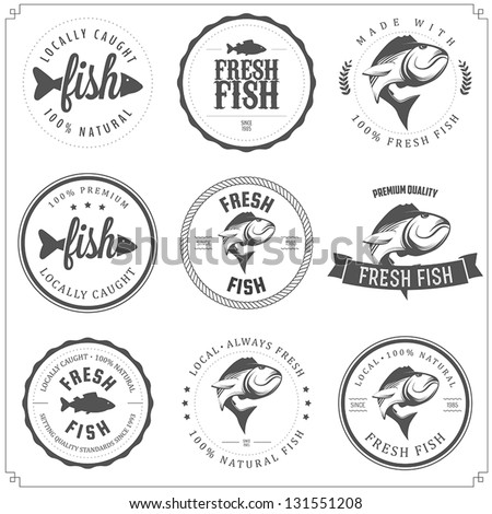 Set of made with fish stamps, labels and badges