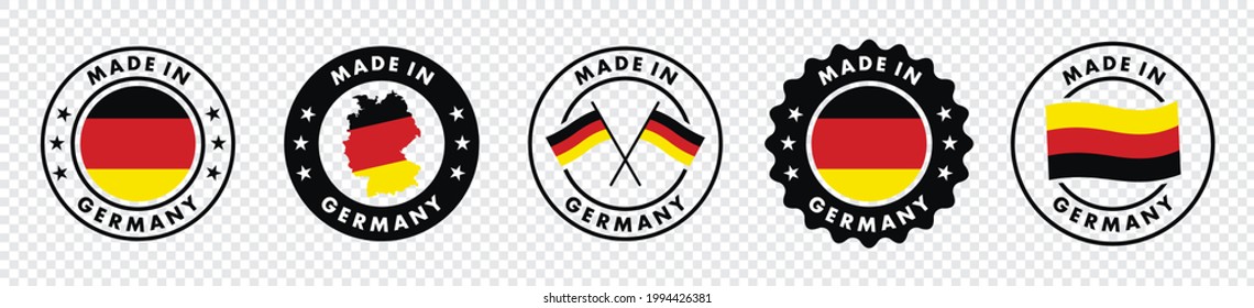 conjunto de etiquetas fabricadas en alemania, fabricadas en el logotipo alemán, bandera alemana, emblema de producto alemán, ilustración vectorial.