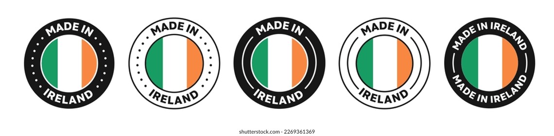 Set von Made in Ireland Label Icons. Hergestellt in Irland Logo Symbol. Irland-made-Badge. Irland Flagge. geeignet für Erzeugnisse Irlands. Vektorgrafik