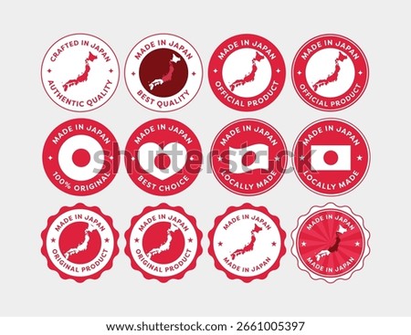 Set of Made in Japan labels in various shapes and styles. Ideal for branding, packaging, product tags, manufacturing, and global export identity visuals.