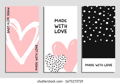 Set of 'Made with love' cards. Cute abstract tags with text, hearts and dots. Vector hand-drawn illustration.