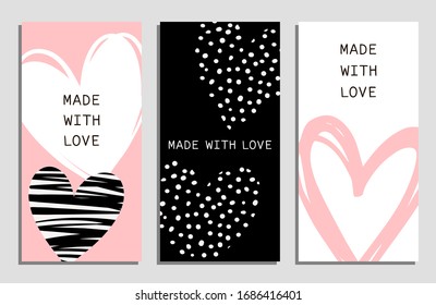 Set of 'Made with love' cards. Cute abstract cards with hand drawn hearts and dots. Vector illustration.