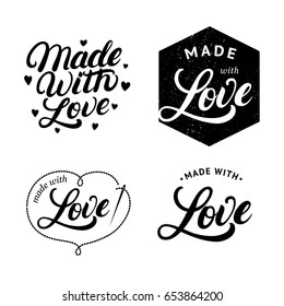 Set Of Made With Love Hand Written Lettering Label, Badge. Modern Brush Calligraphy. Sign For Knitwear Company, Sewing Workshop, Handmade Artist. Isolated On Background. Vector Illustration.