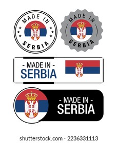 Set of Made in Serbia labels, logo, Serbia flag, Serbia Product Emblem. Vector illustration