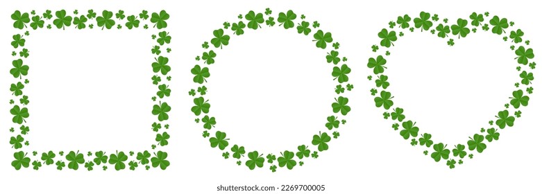 Set of made of shamrocks. Frames of different shapes: square, round, heart