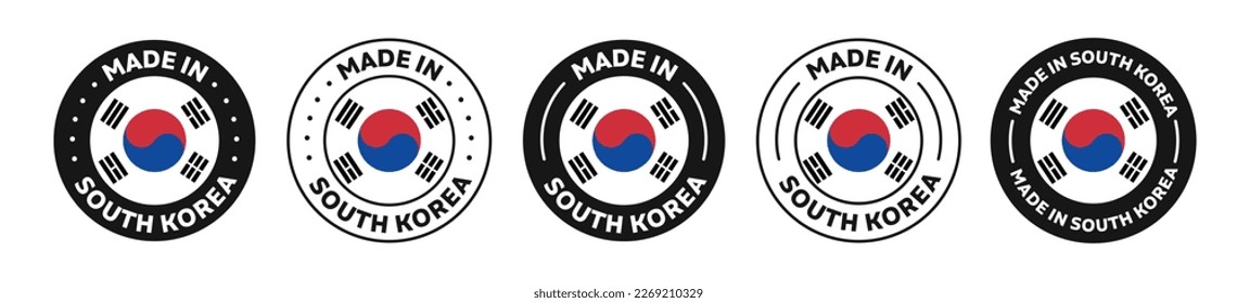 Juego de íconos de etiquetas de Made in South Korea. Símbolo del logo Hecho en Corea del Sur. Insignia coreana. Bandera de Corea del Sur. adecuado para productos de Corea del Sur. ilustración vectorial