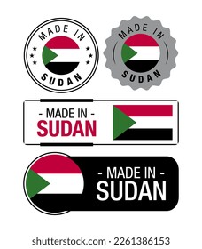 Set of Made in Sudan labels, logo, Sudan Flag, Sudan Product Emblem