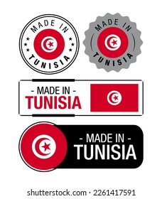 Set of Made in Tunisia labels, logo, Tunisia Flag, Tunisia Product Emblem